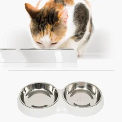 Cat it Comederos Y Fuentes De Agua^Plato Doble Acero Inoxidable con Borde Bajo Color Blanco