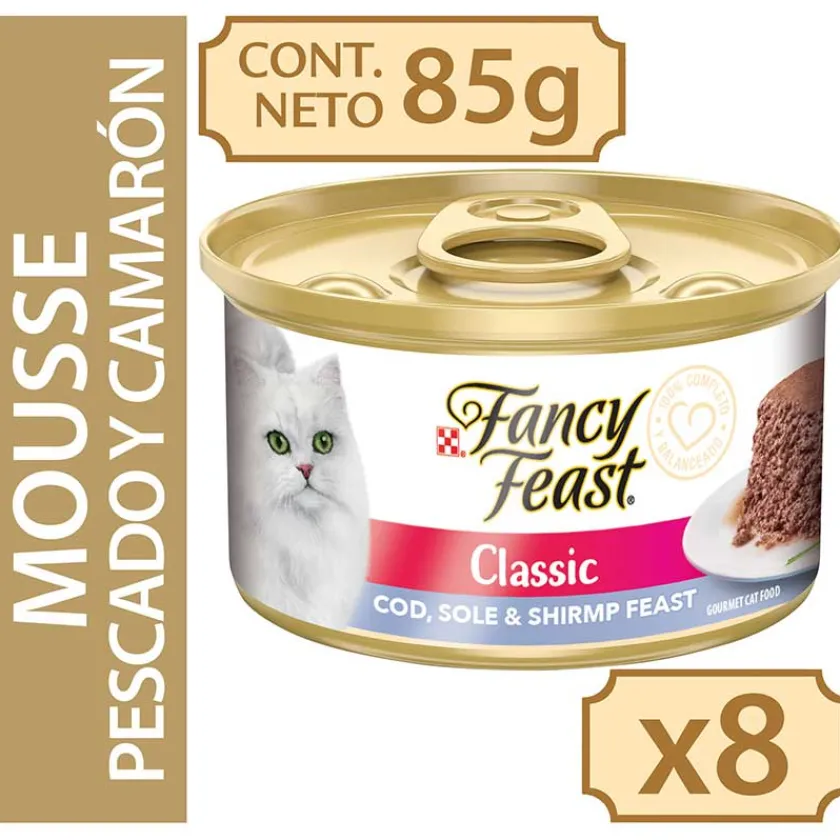 Fancy Feast - Purina Húmedos^Fancy Feast Mousse Pescado y Camarón 85gr x 8 Unidades (Classic Cod, Sole Shrimp)