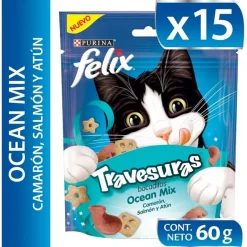 Felix - Purina Galletas^Felix Travesuras Camaron, Salmón y Atun 60gr Pack 15 unidades