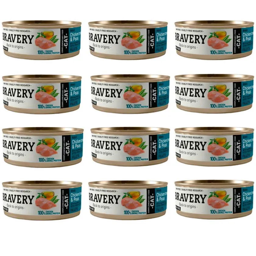 Bravery Adultos (1 A 7 Años)^Lata Alimento Húmedo Para Gato Adulto Pechuga de pollo y Arvejas 70gr x12 Un
