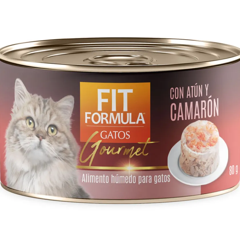 Fit Formula Húmedos^Lata Gato Gourmet Sabor Atún y Camarón 80gr PACK 48 Unidades