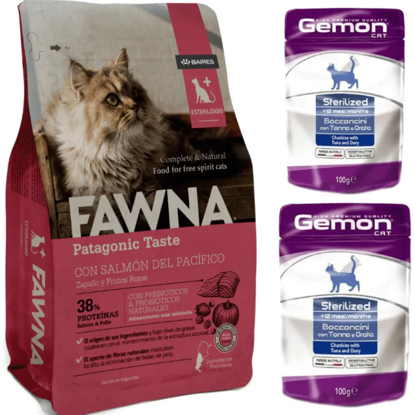 FAWNA Húmedos | Adultos (1 A 7 Años)^Pack Premium Plus Gato Esterilizado 3kg + 2 Pouch de Regalo